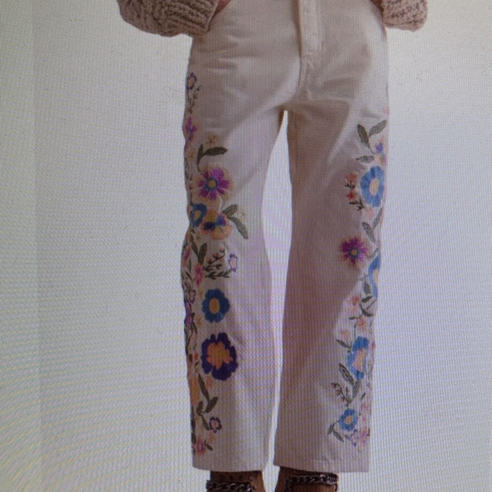 Free People Floral Embroidered Straight Leg Jeans - Cream